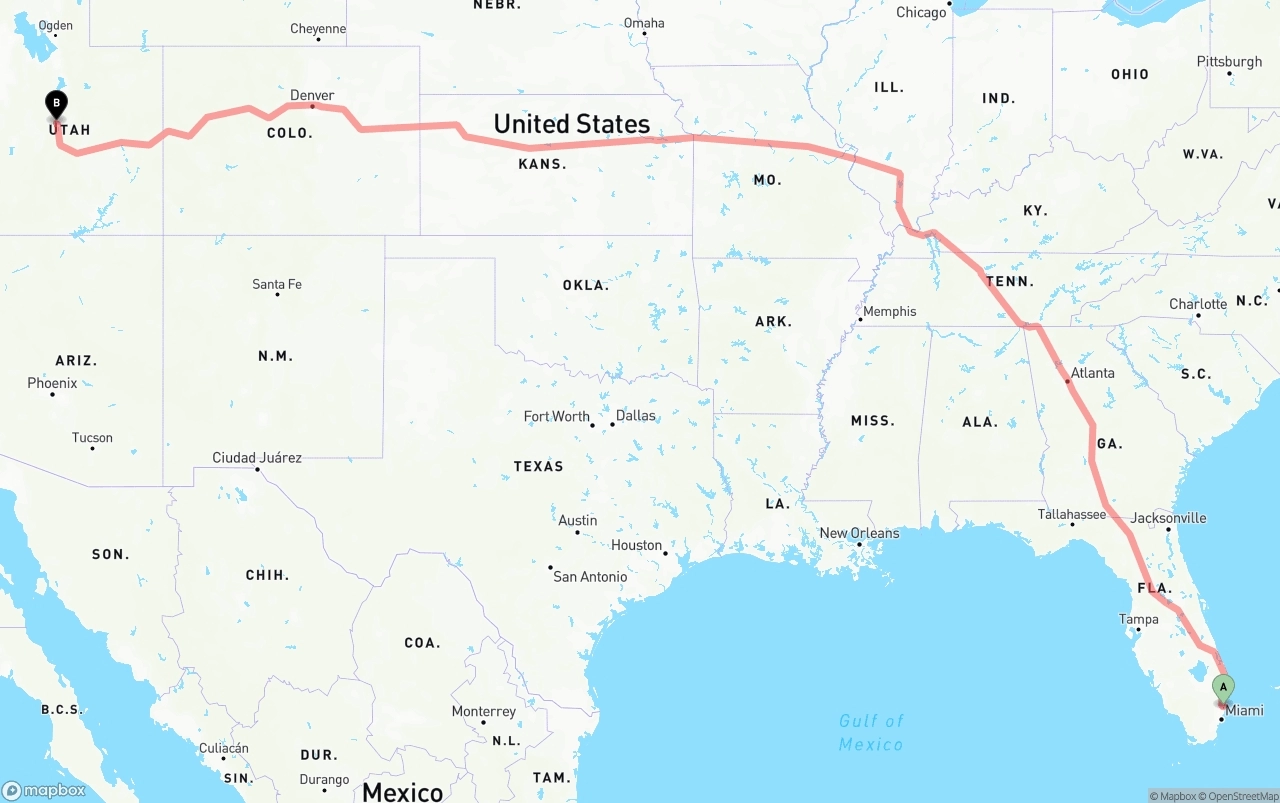 Shipping route from Fort Lauderdale-Hollywood International Airport to Utah