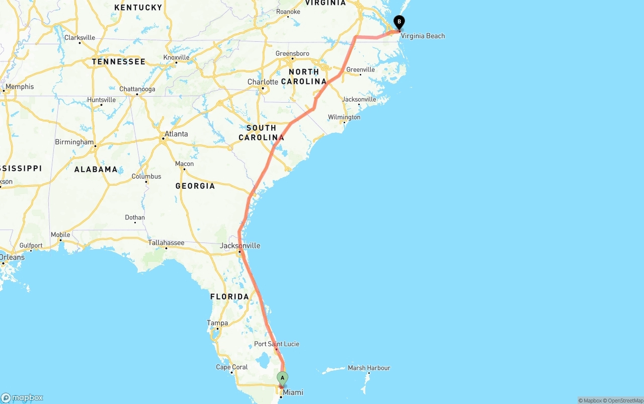 Shipping route from Fort Lauderdale-Hollywood International Airport to Virginia Beach