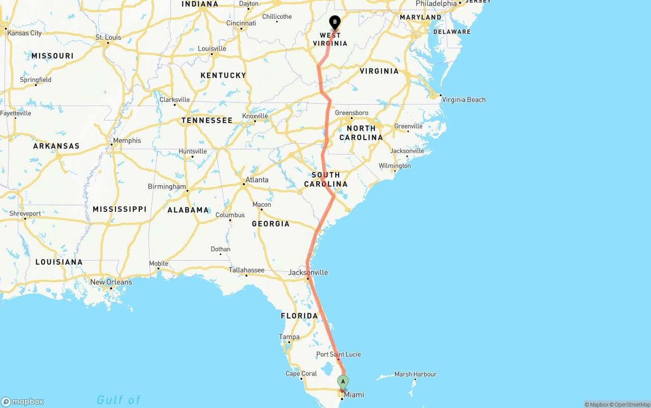 Shipping route from Fort Lauderdale-Hollywood International Airport to West Virginia