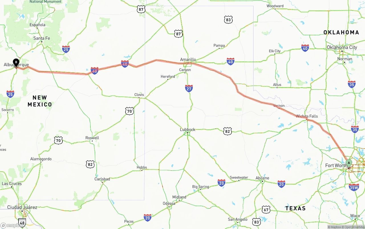 Shipping route from Fort Worth to Albuquerque