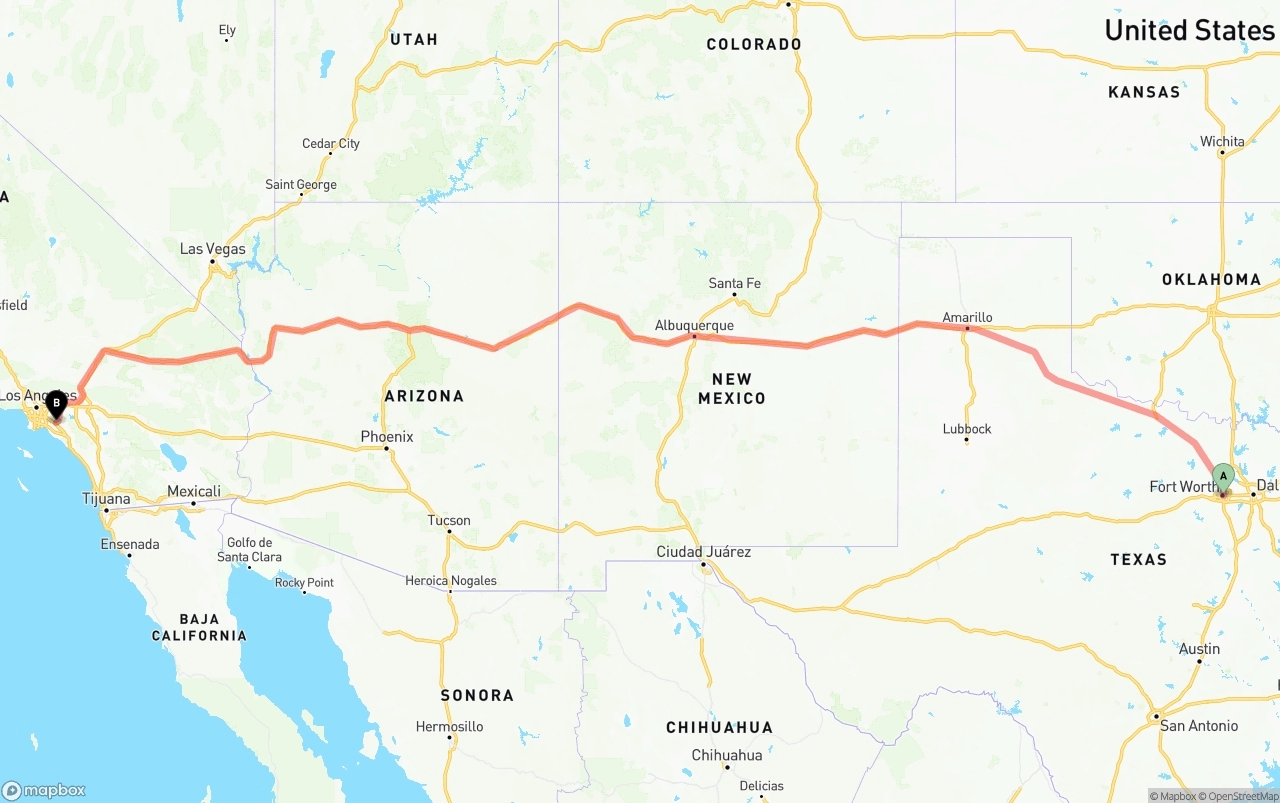 Shipping route from Fort Worth to Anaheim