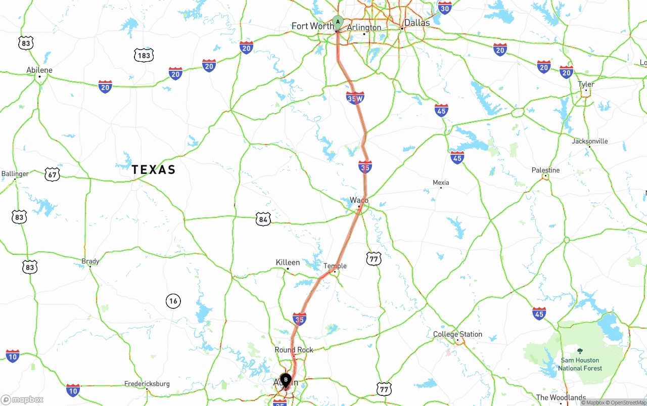 Shipping route from Fort Worth to Austin