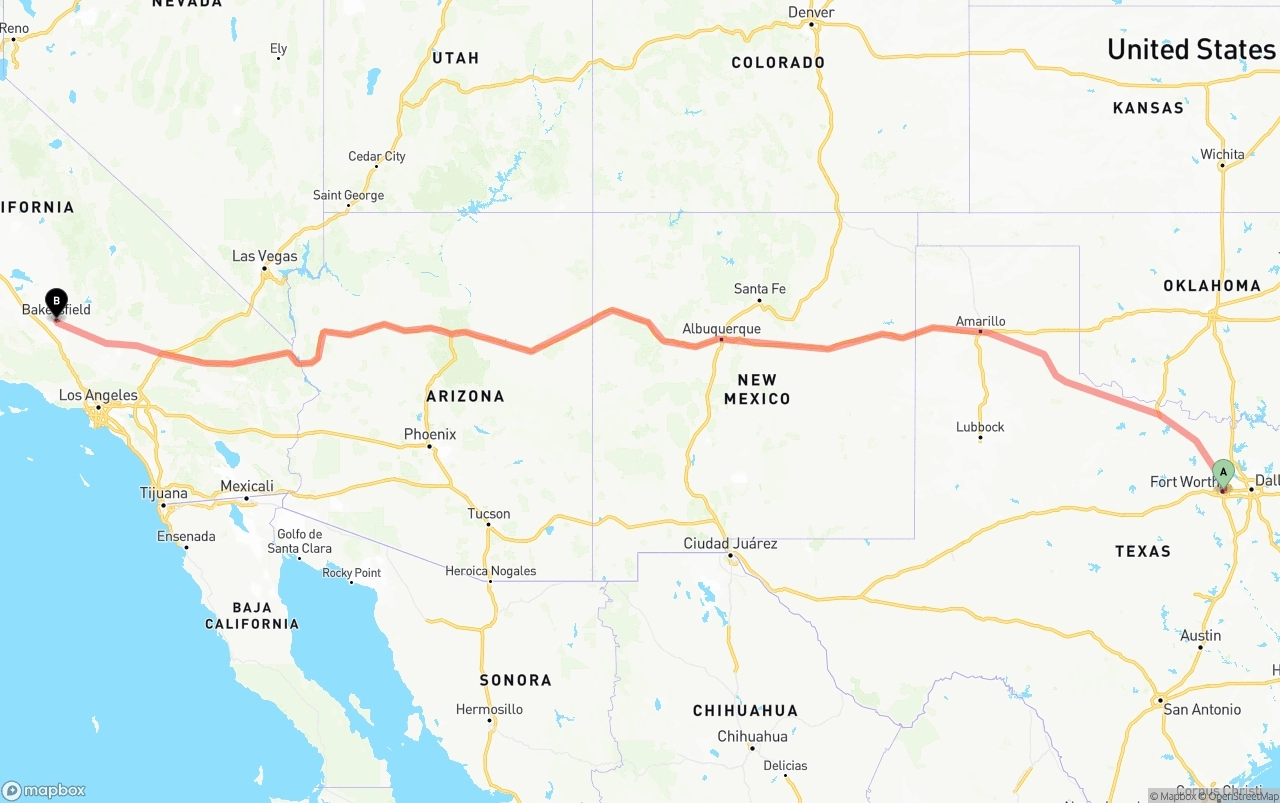 Shipping route from Fort Worth to Bakersfield
