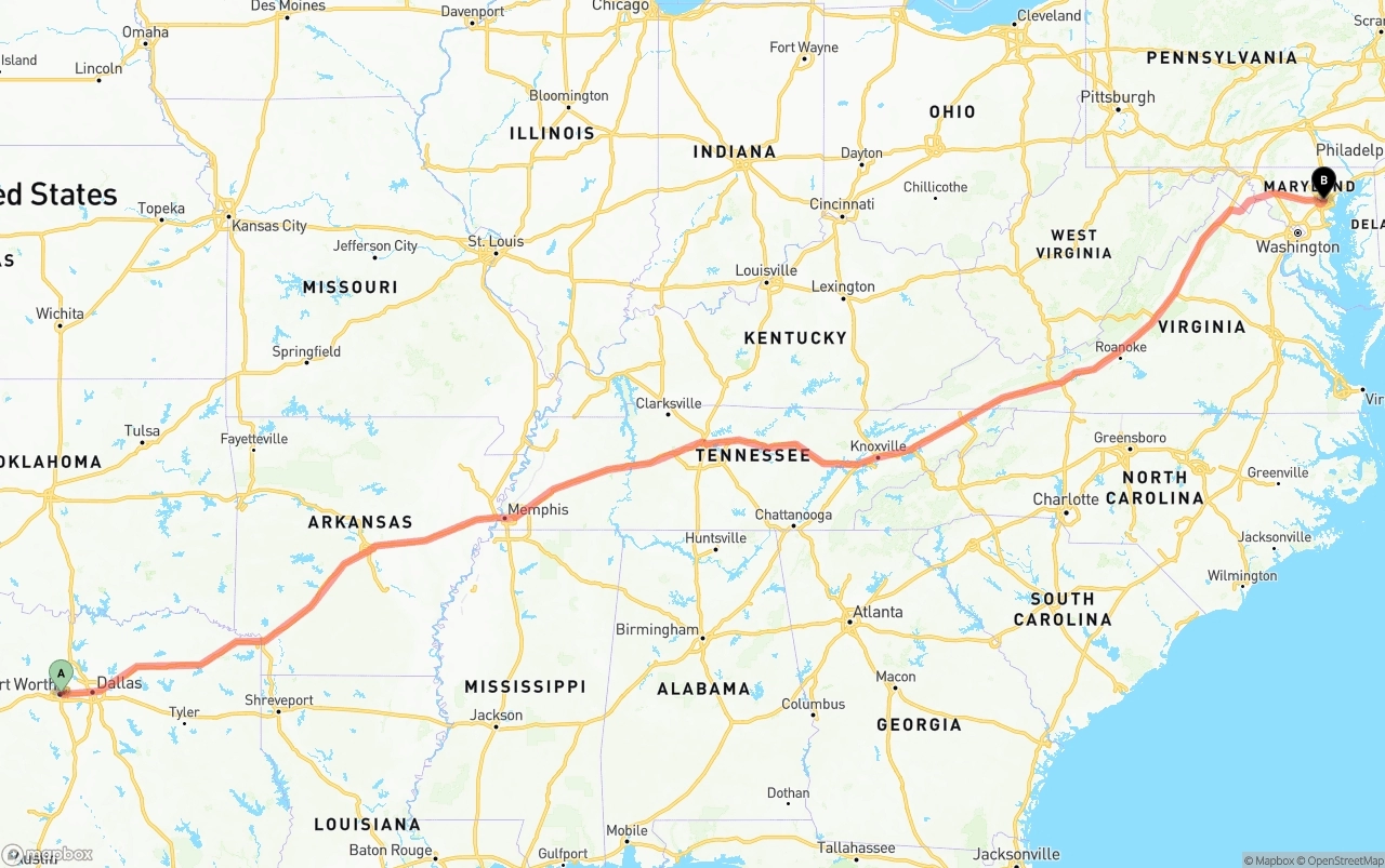 Shipping route from Fort Worth to Baltimore