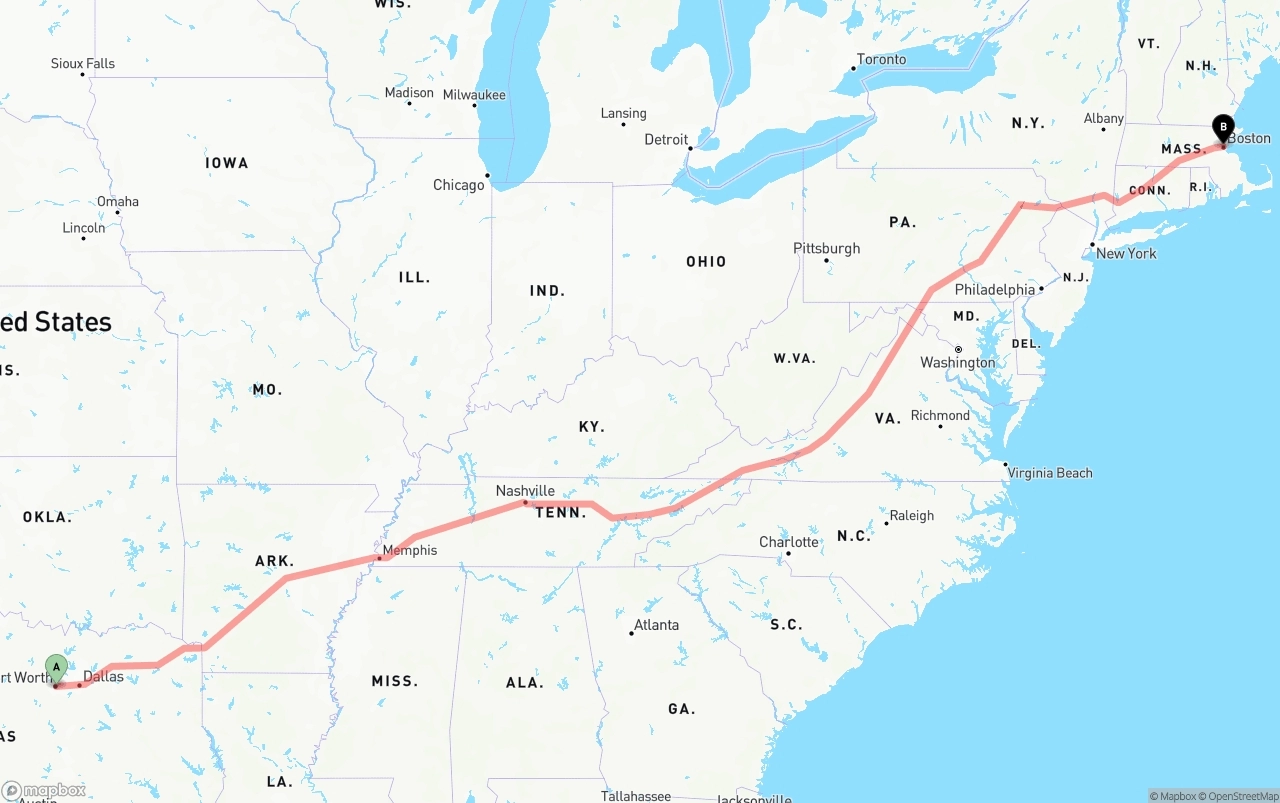 Shipping route from Fort Worth to Boston