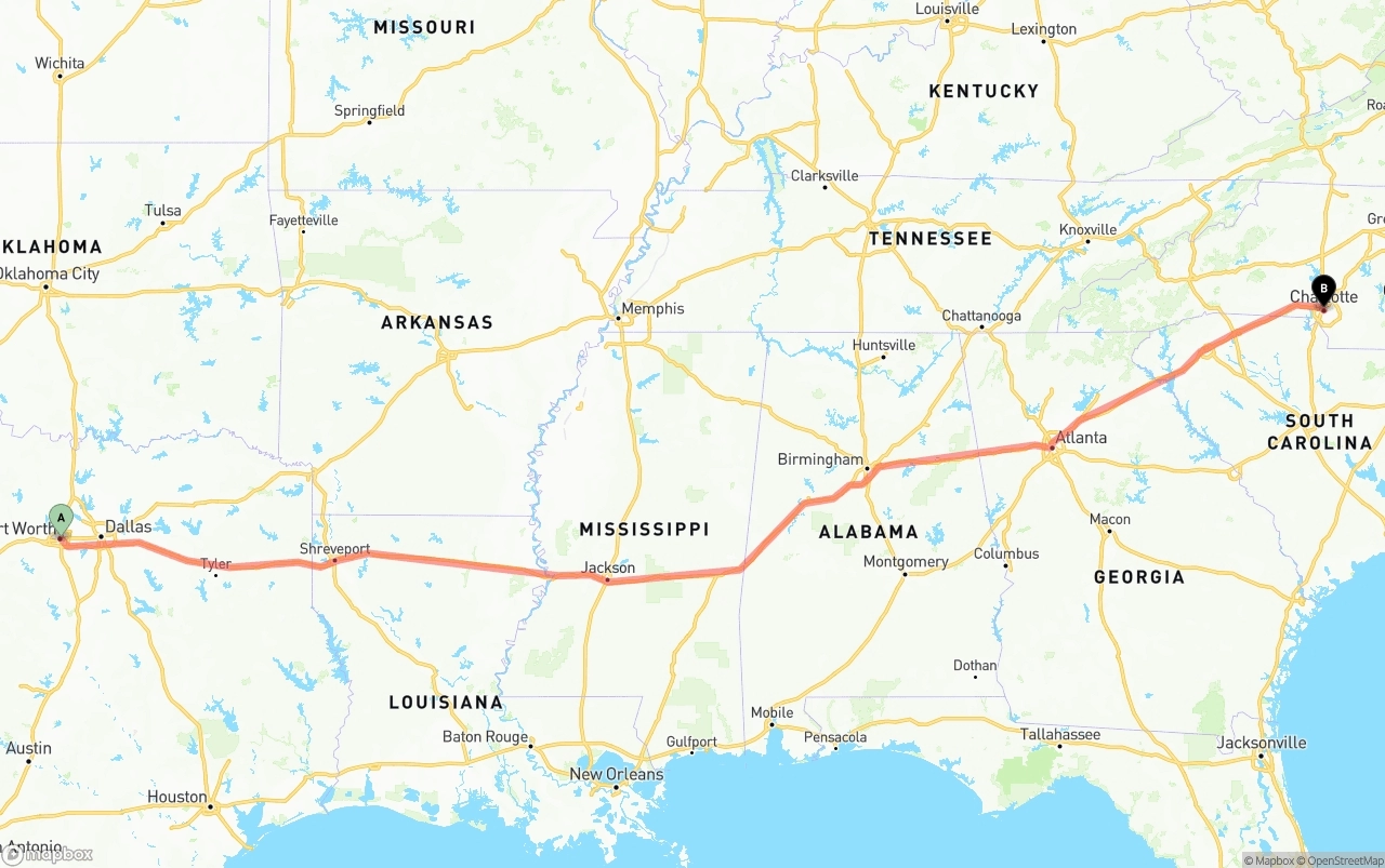 Shipping route from Fort Worth to Charlotte
