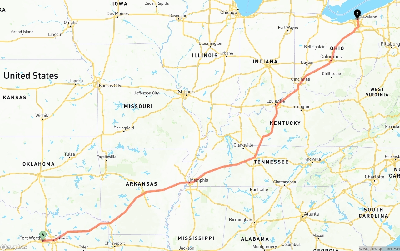 Shipping route from Fort Worth to Cleveland