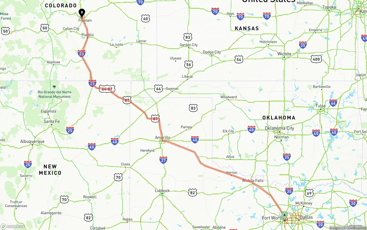 Shipping route from Fort Worth to Colorado Springs
