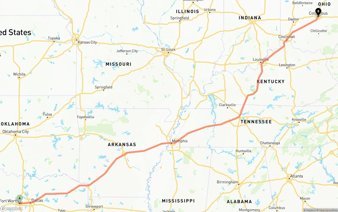 Shipping route from Fort Worth to Columbus