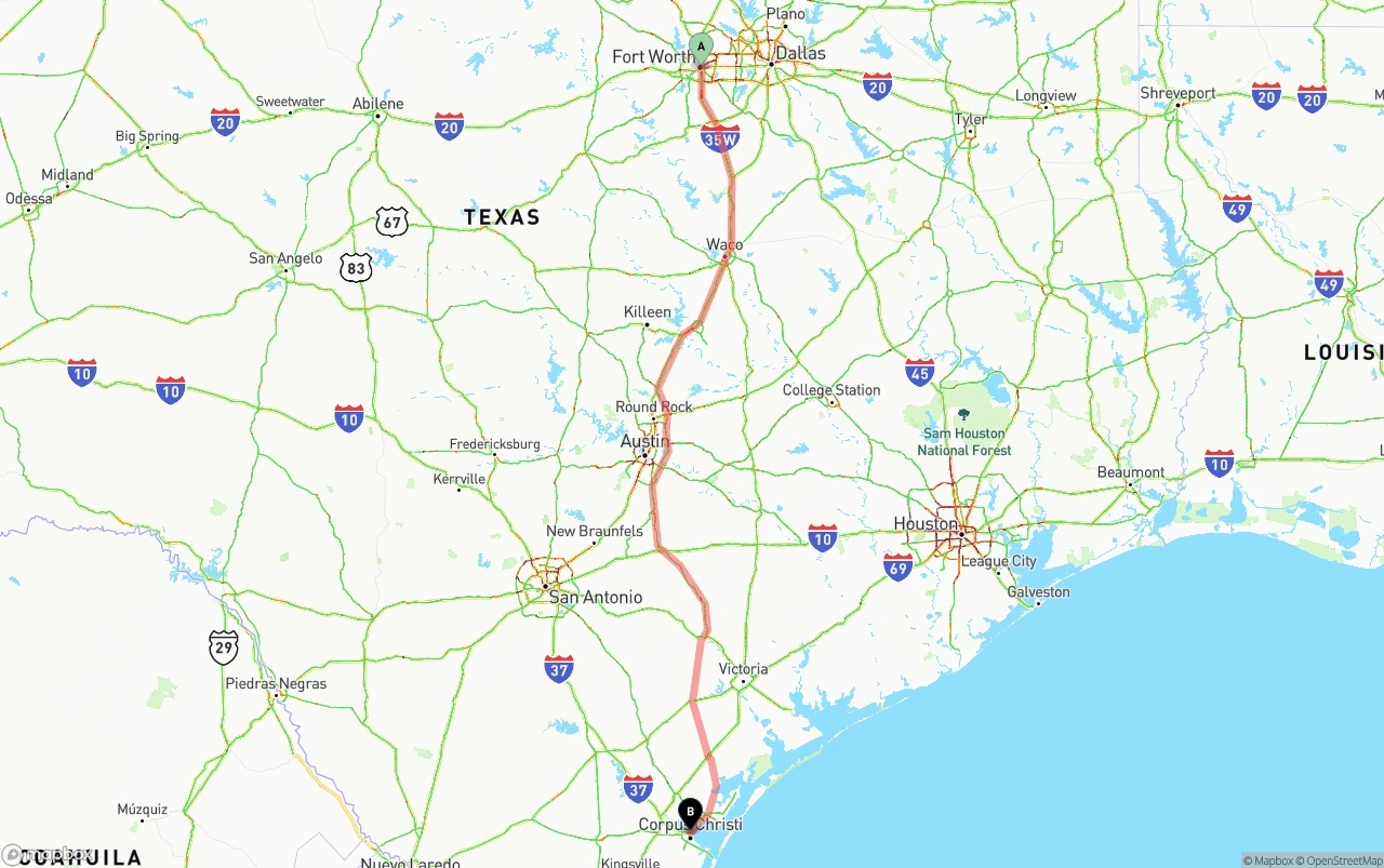 Shipping route from Fort Worth to Corpus Christi
