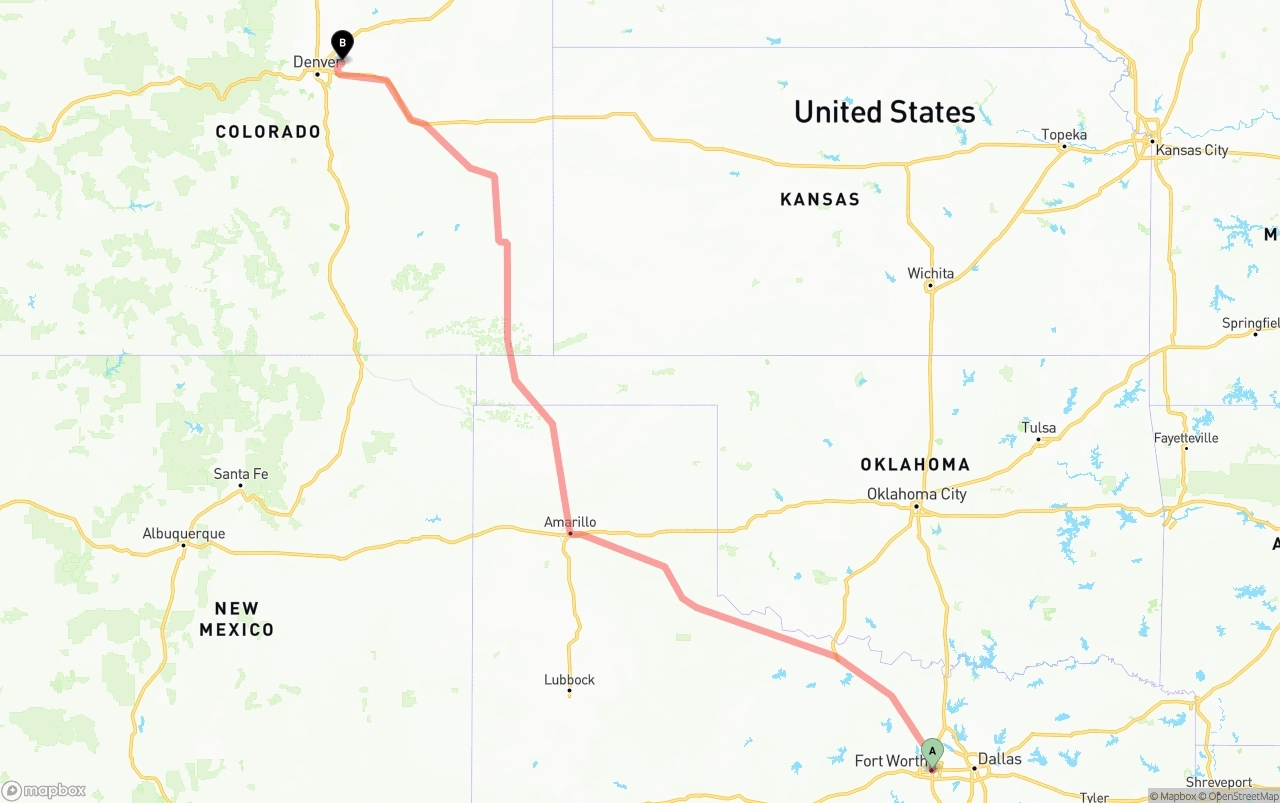 Shipping route from Fort Worth to Denver International Airport