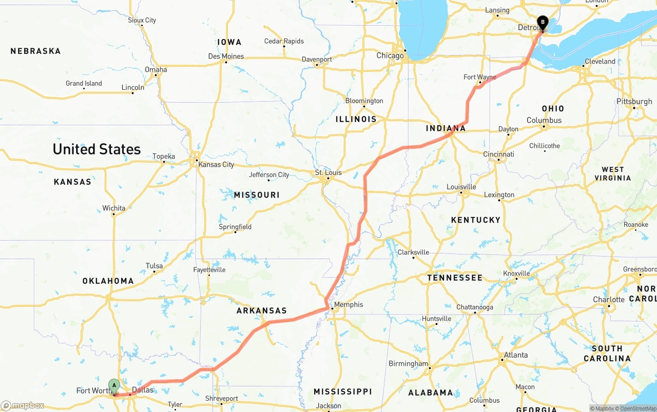 Shipping route from Fort Worth to Detroit