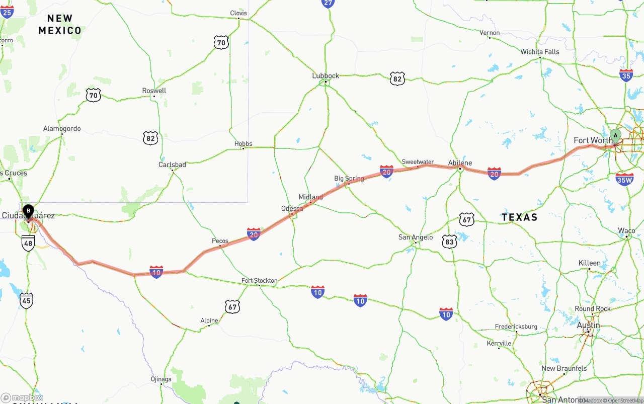 Shipping route from Fort Worth to El Paso