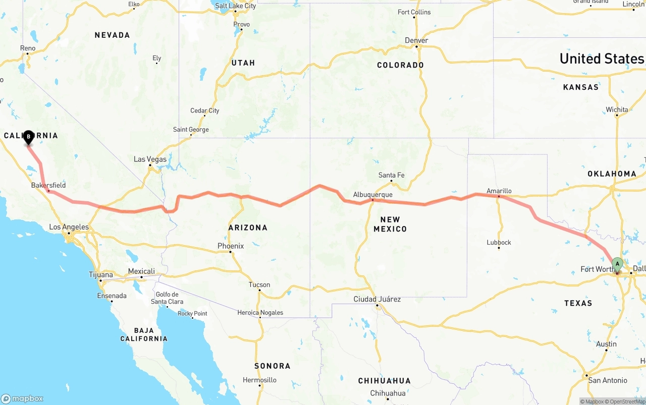 Shipping route from Fort Worth to Fresno