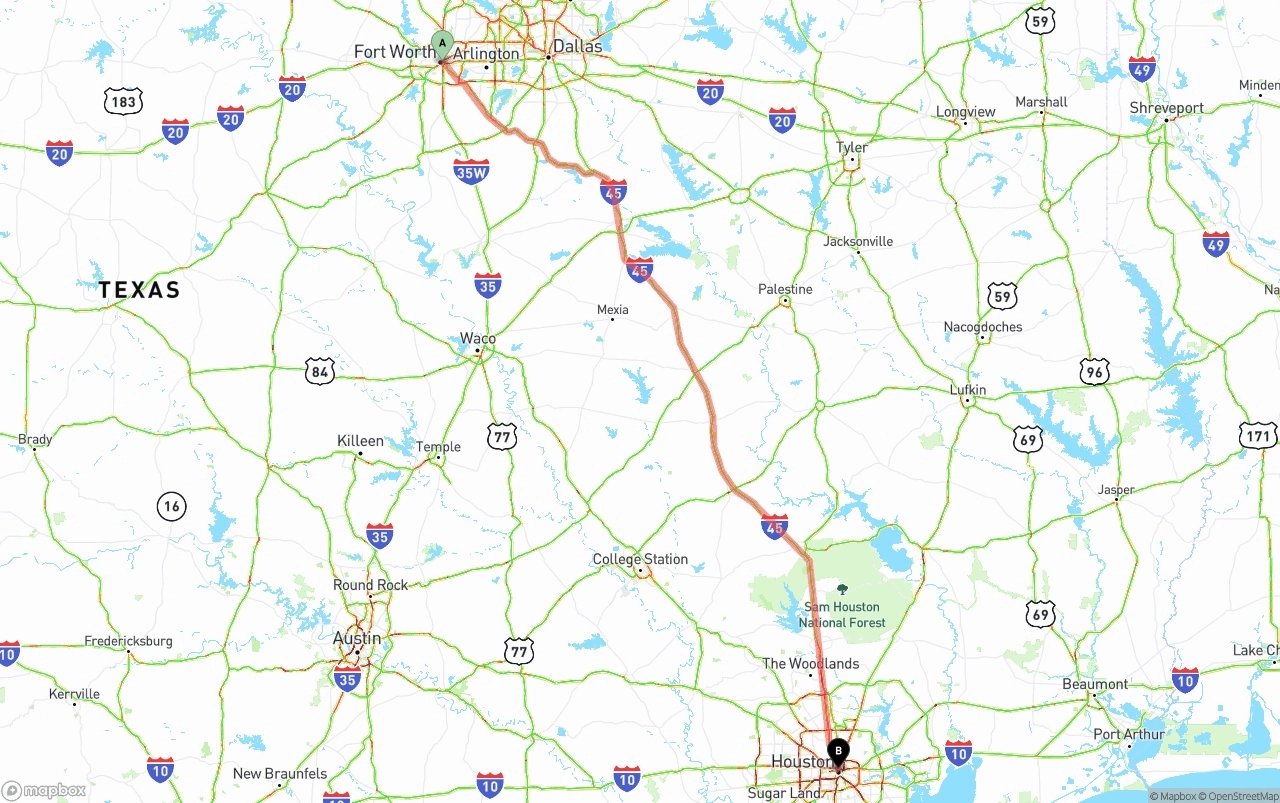 Shipping route from Fort Worth to Houston