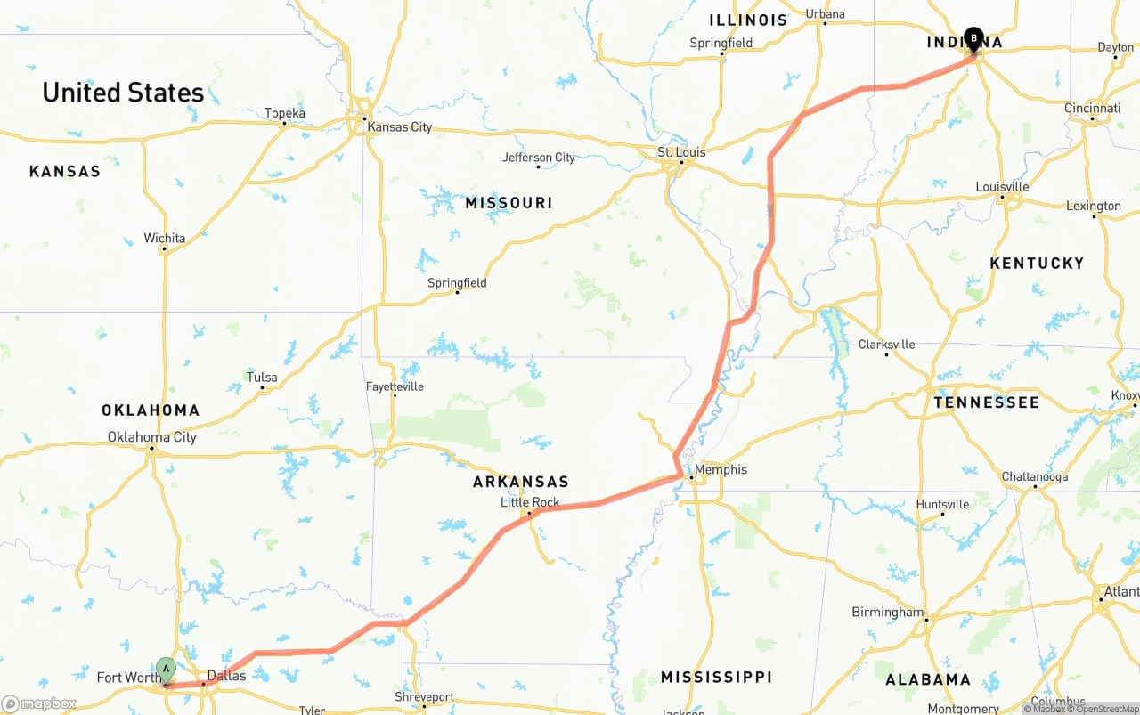 Shipping route from Fort Worth to Indianapolis