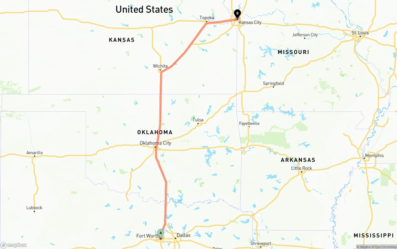 Shipping route from Fort Worth to Kansas City
