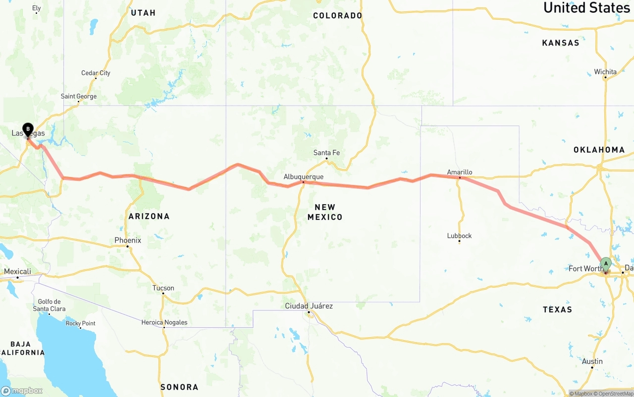 Shipping route from Fort Worth to Las Vegas