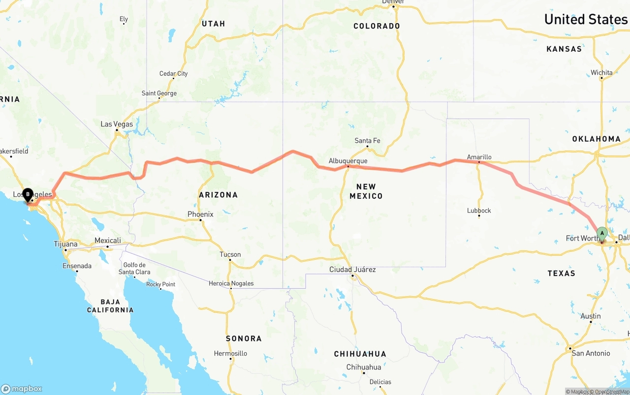 Shipping route from Fort Worth to Los Angeles International Airport
