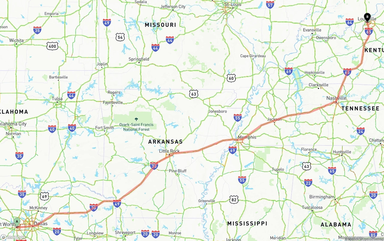 Shipping route from Fort Worth to Louisville