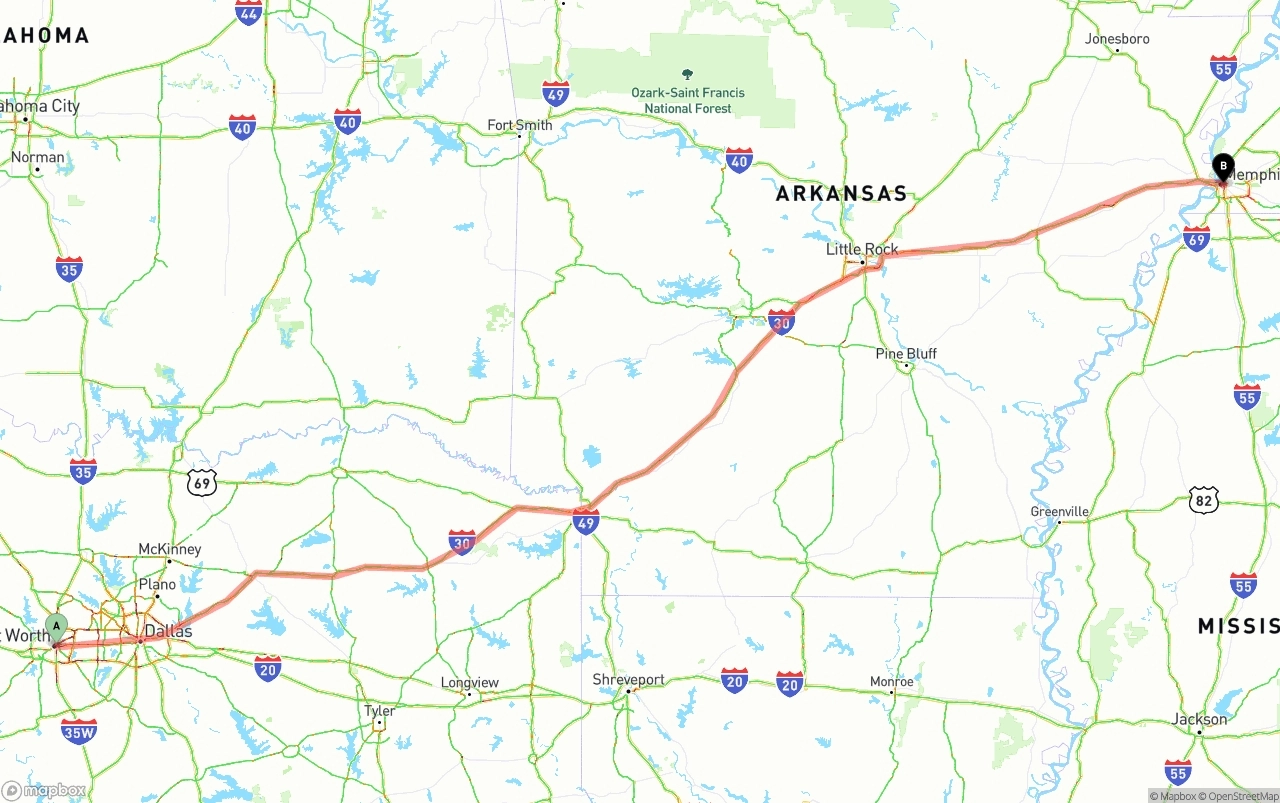 Shipping route from Fort Worth to Memphis