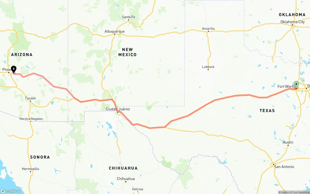Shipping route from Fort Worth to Mesa