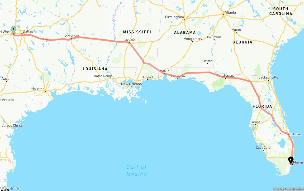 Shipping route from Fort Worth to Miami International Airport