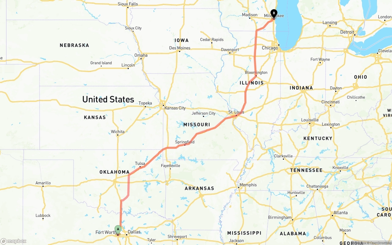 Shipping route from Fort Worth to Milwaukee