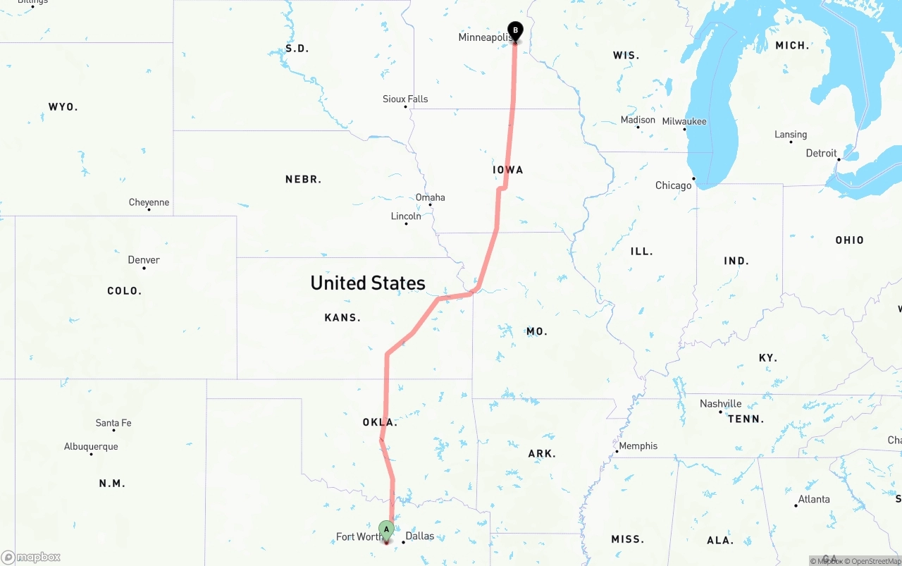 Shipping route from Fort Worth to Minneapolis