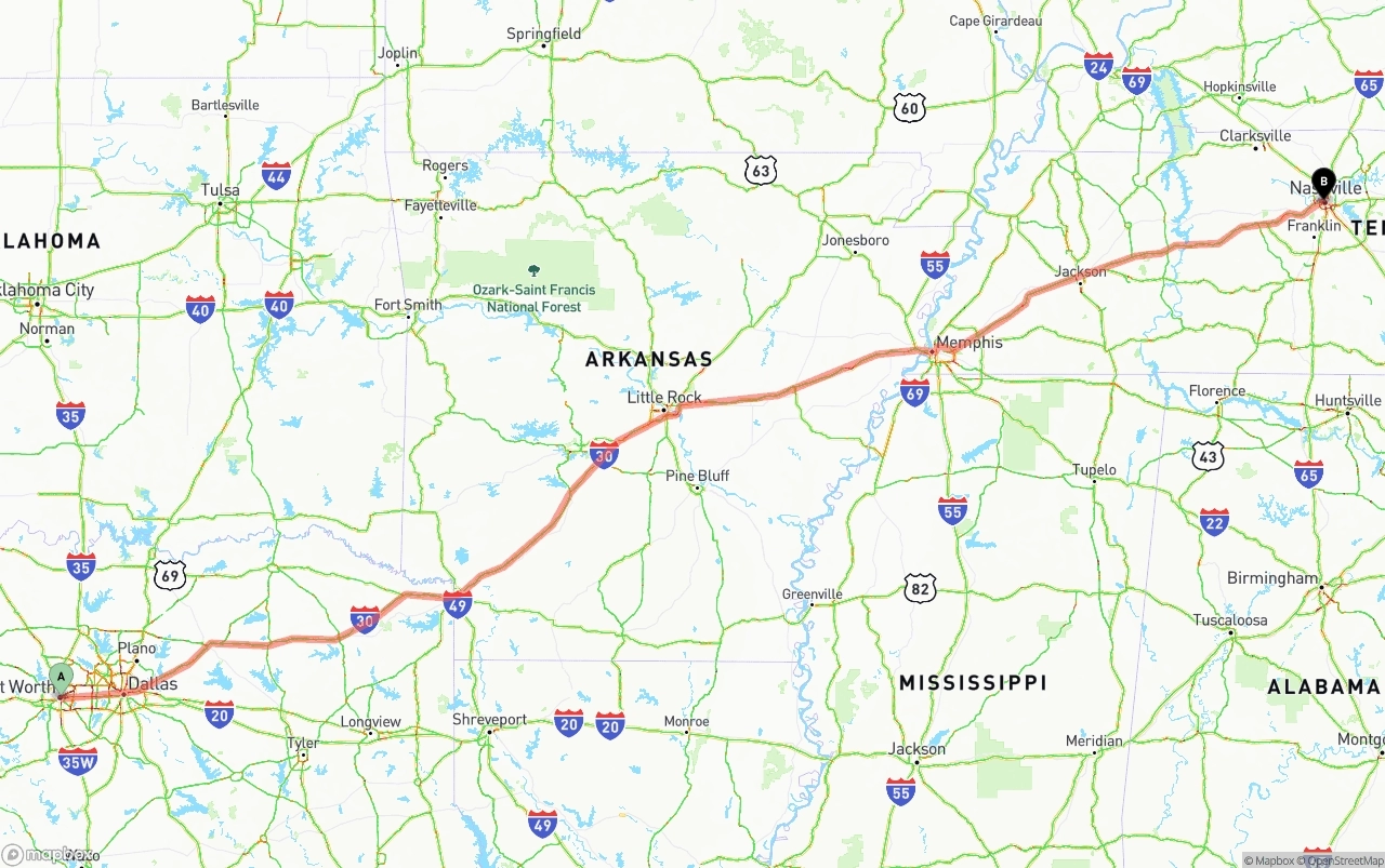 Shipping route from Fort Worth to Nashville