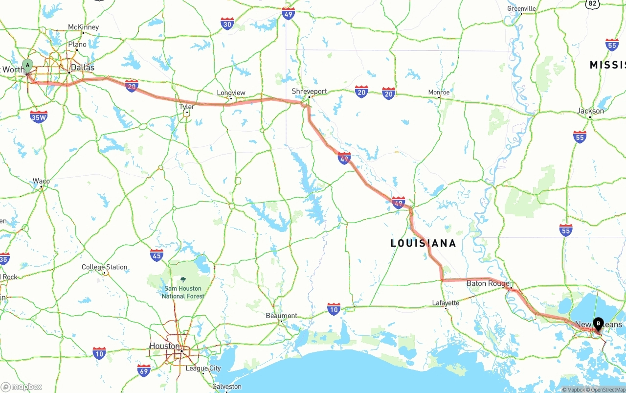 Shipping route from Fort Worth to New Orleans