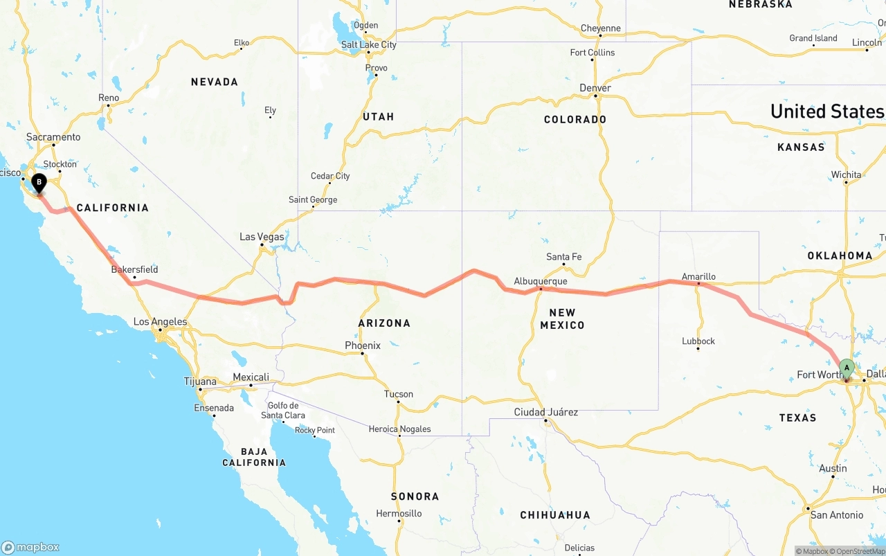 Shipping route from Fort Worth to Norman Y. Mineta San Jose International Airport