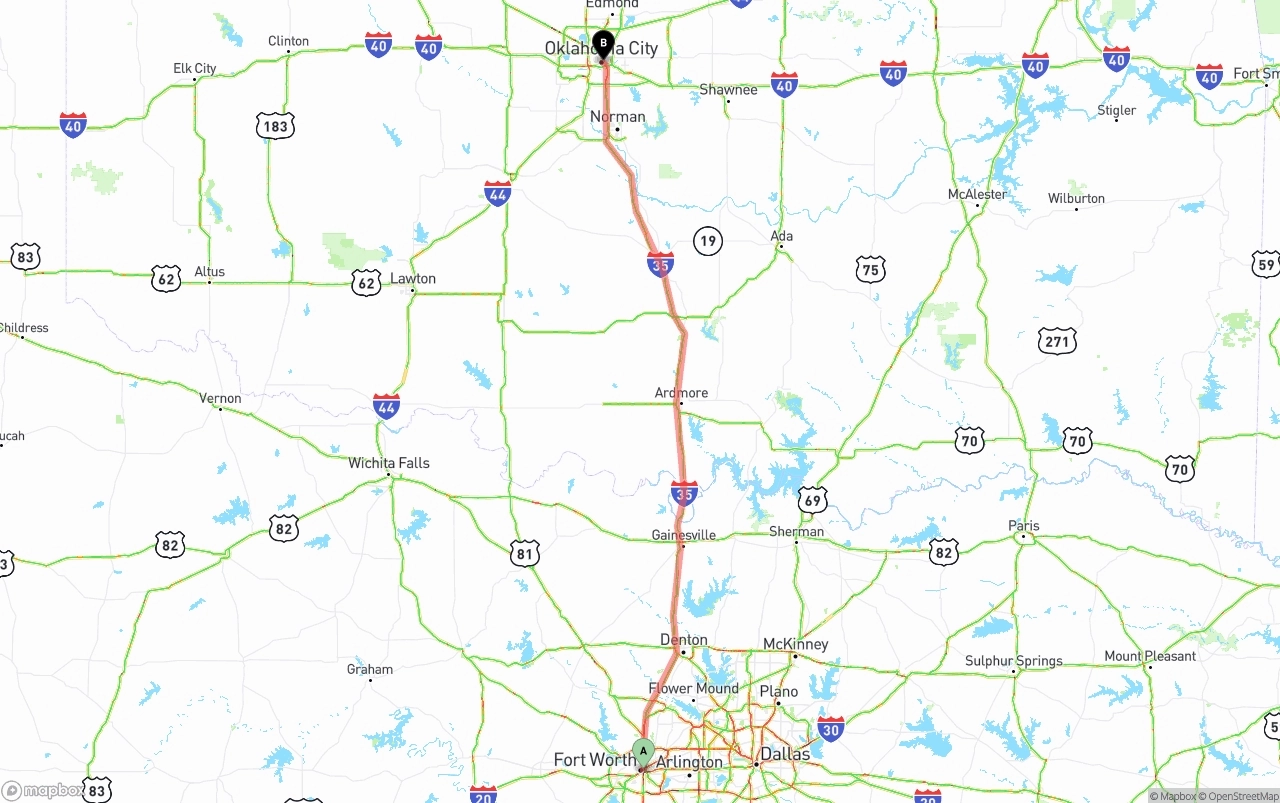 Shipping route from Fort Worth to Oklahoma City