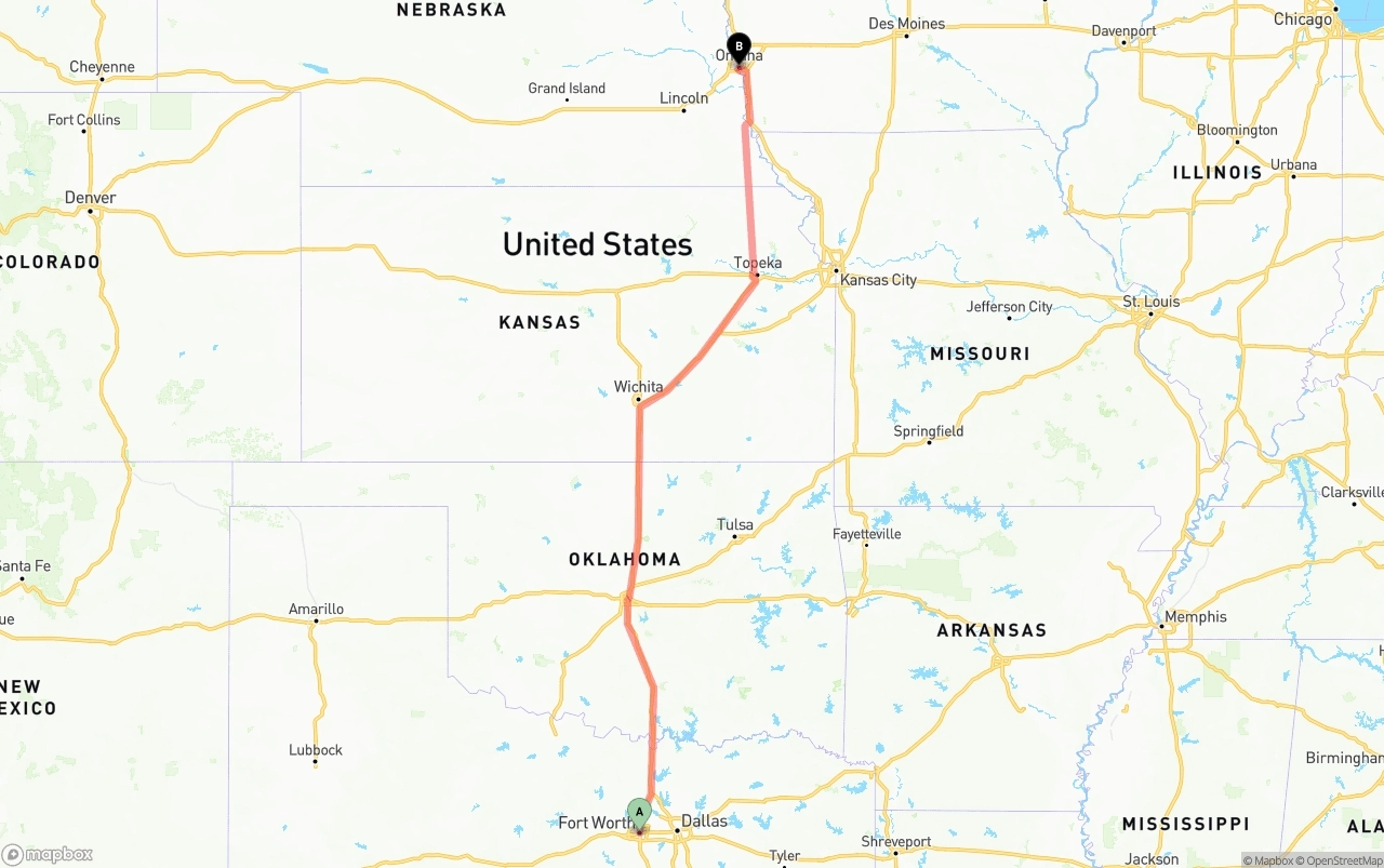Shipping route from Fort Worth to Omaha
