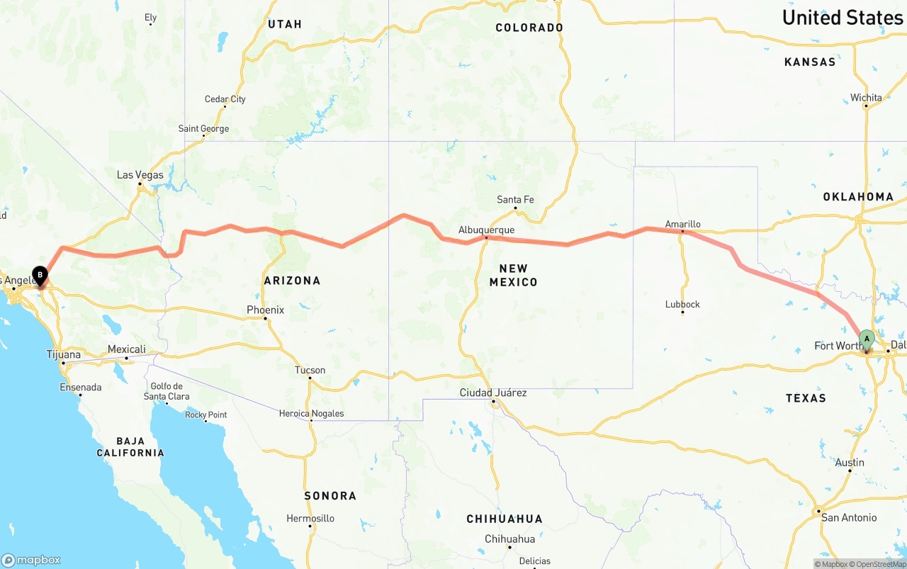 Shipping route from Fort Worth to Ontario International Airport