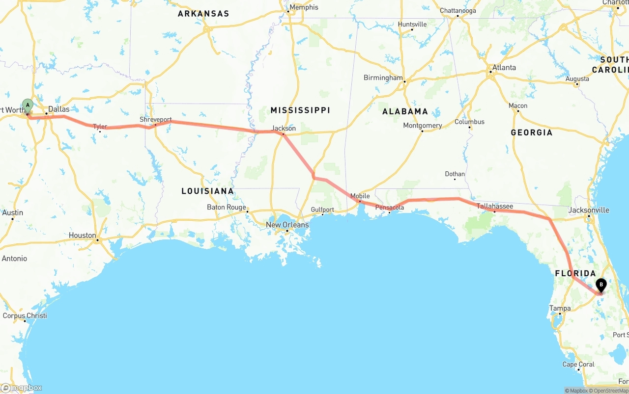 Shipping route from Fort Worth to Orlando International Airport