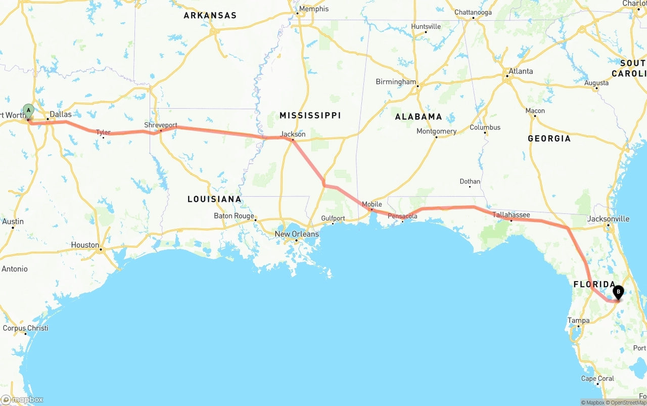 Shipping route from Fort Worth to Orlando