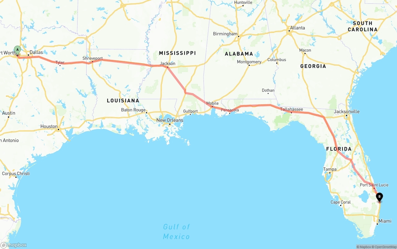 Shipping route from Fort Worth to Palm Beach International Airport