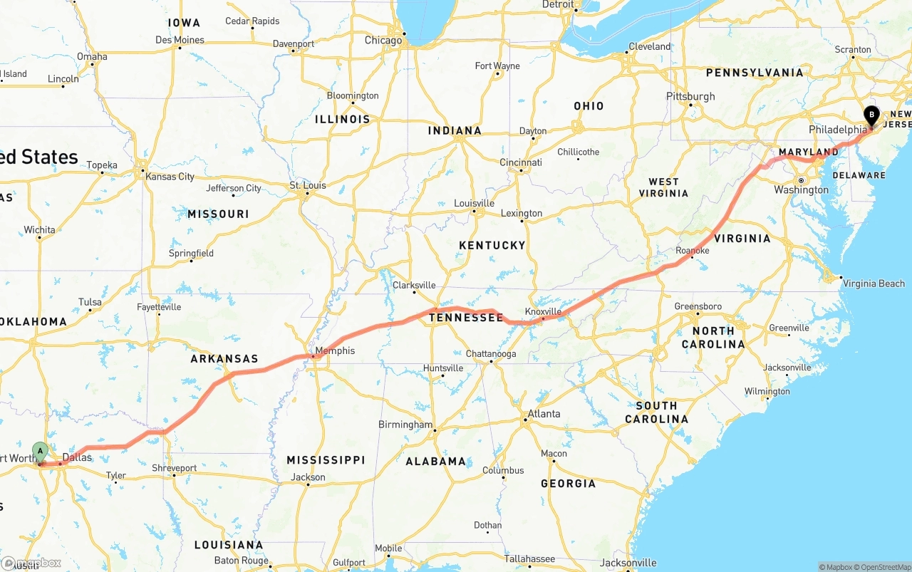 Shipping route from Fort Worth to Philadelphia