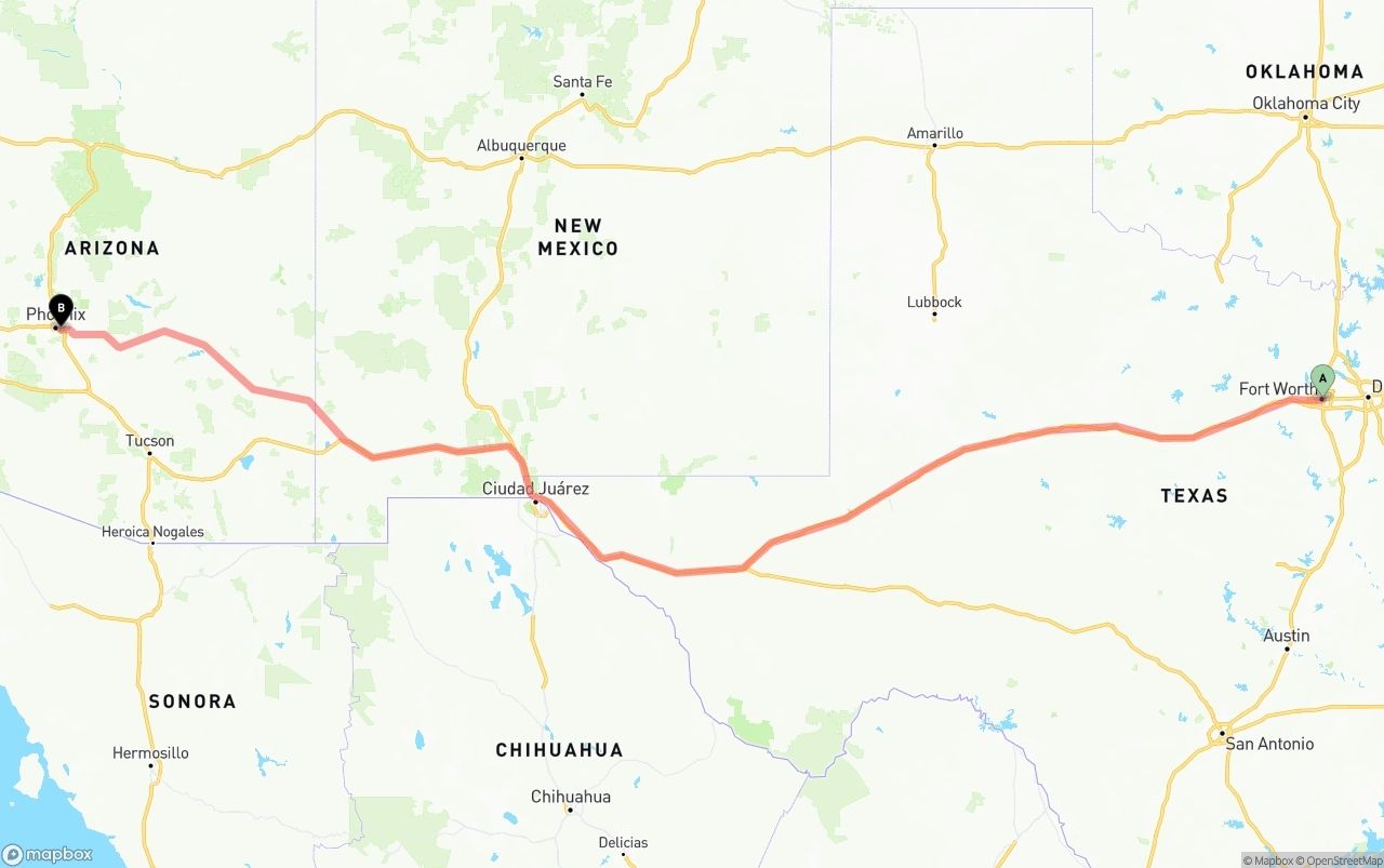 Shipping route from Fort Worth to Phoenix Sky Harbor International Airport