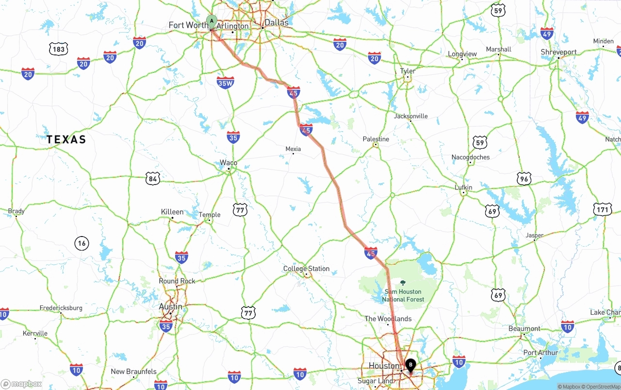 Shipping route from Fort Worth to Port of Houston
