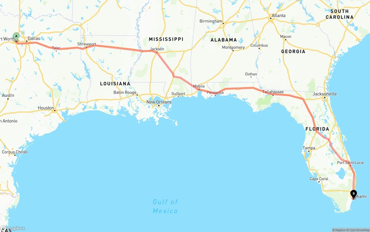 Shipping route from Fort Worth to Port of Miami