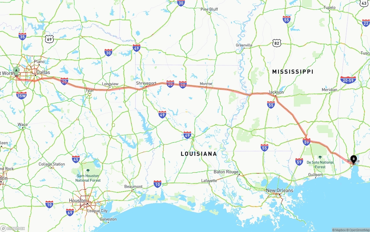 Shipping route from Fort Worth to Port of Mobile