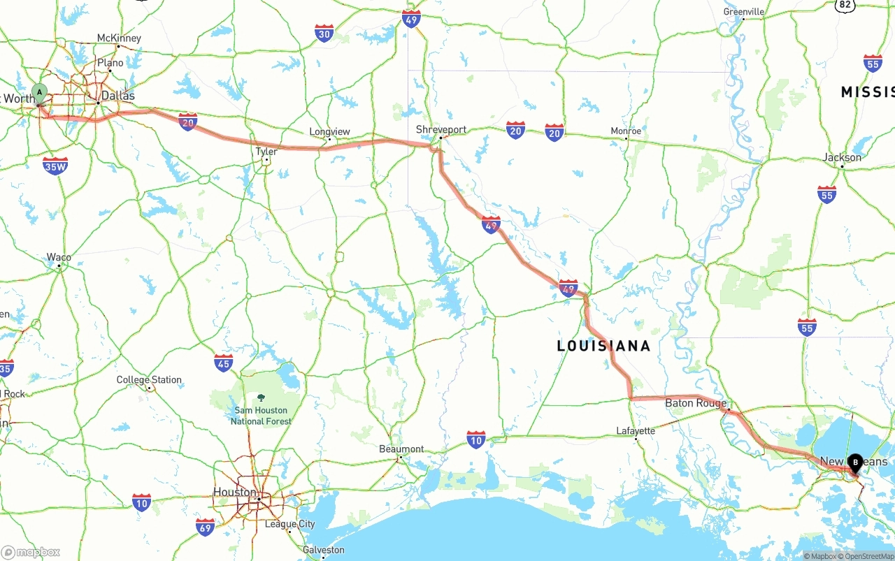 Shipping route from Fort Worth to Port of New Orleans
