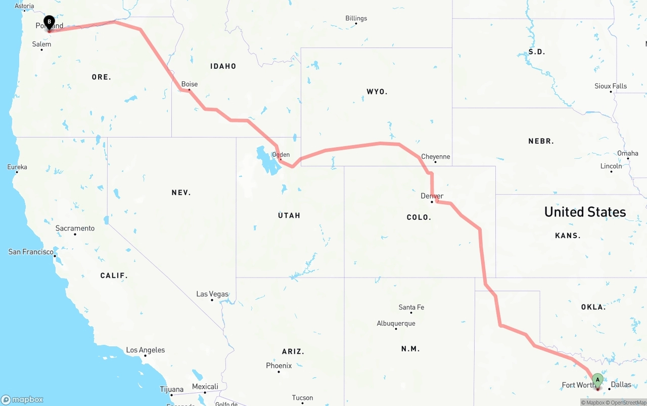 Shipping route from Fort Worth to Portland