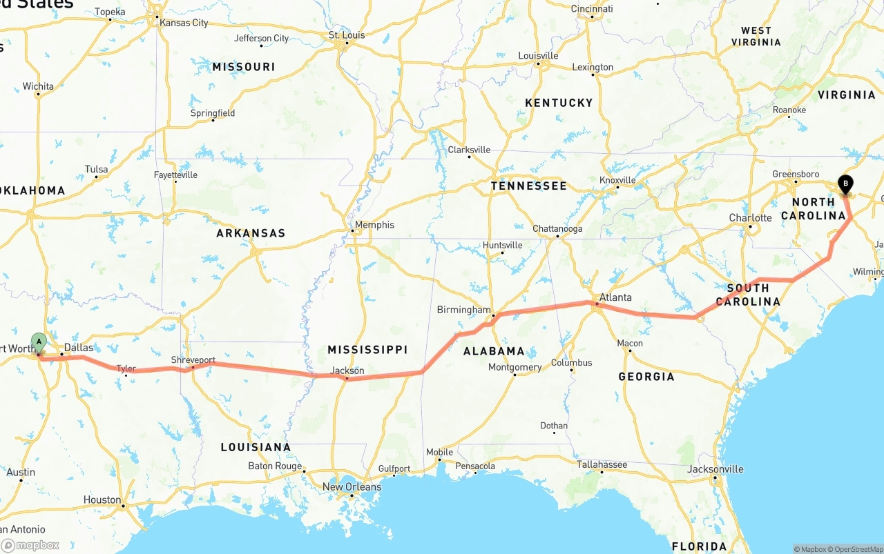 Shipping route from Fort Worth to Raleigh