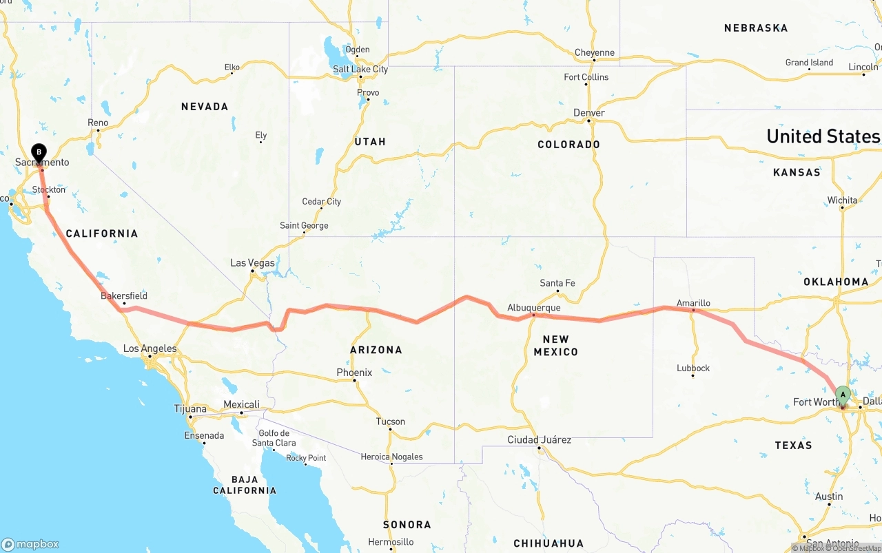 Shipping route from Fort Worth to Sacramento International Airport