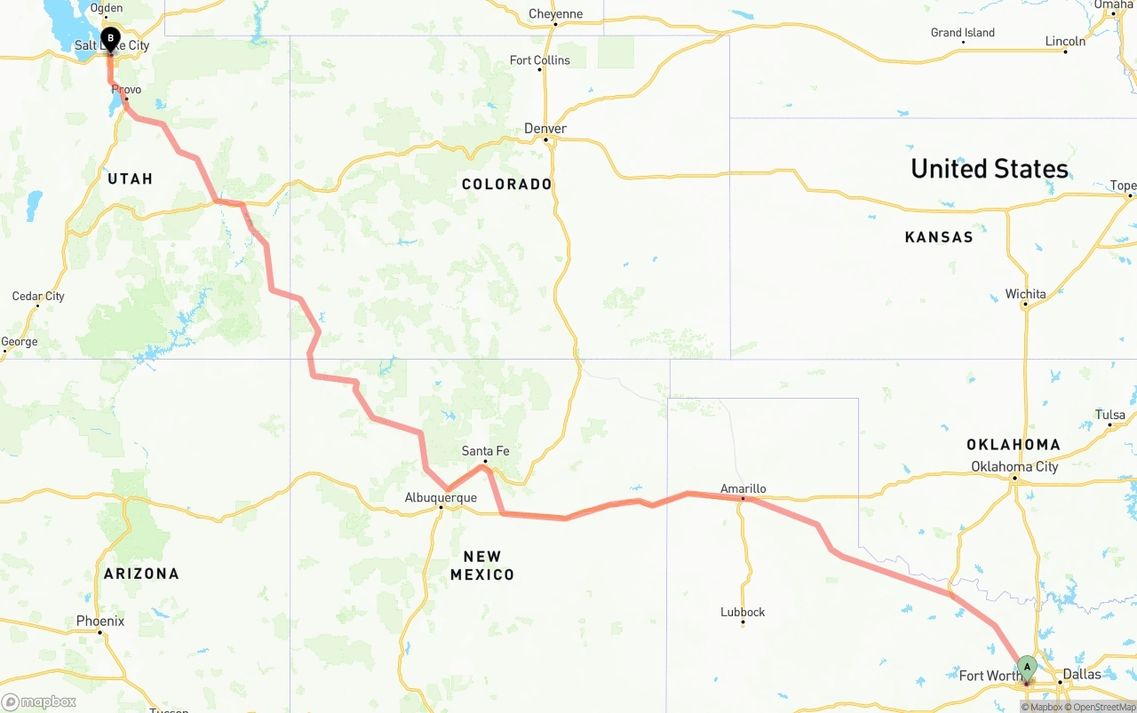Shipping route from Fort Worth to Salt Lake City
