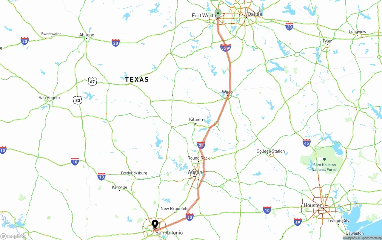 Shipping route from Fort Worth to San Antonio