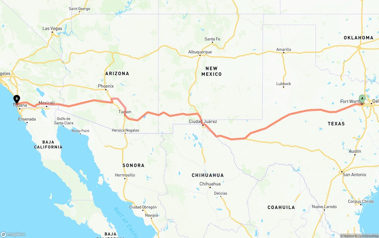 Shipping route from Fort Worth to San Diego International Airport